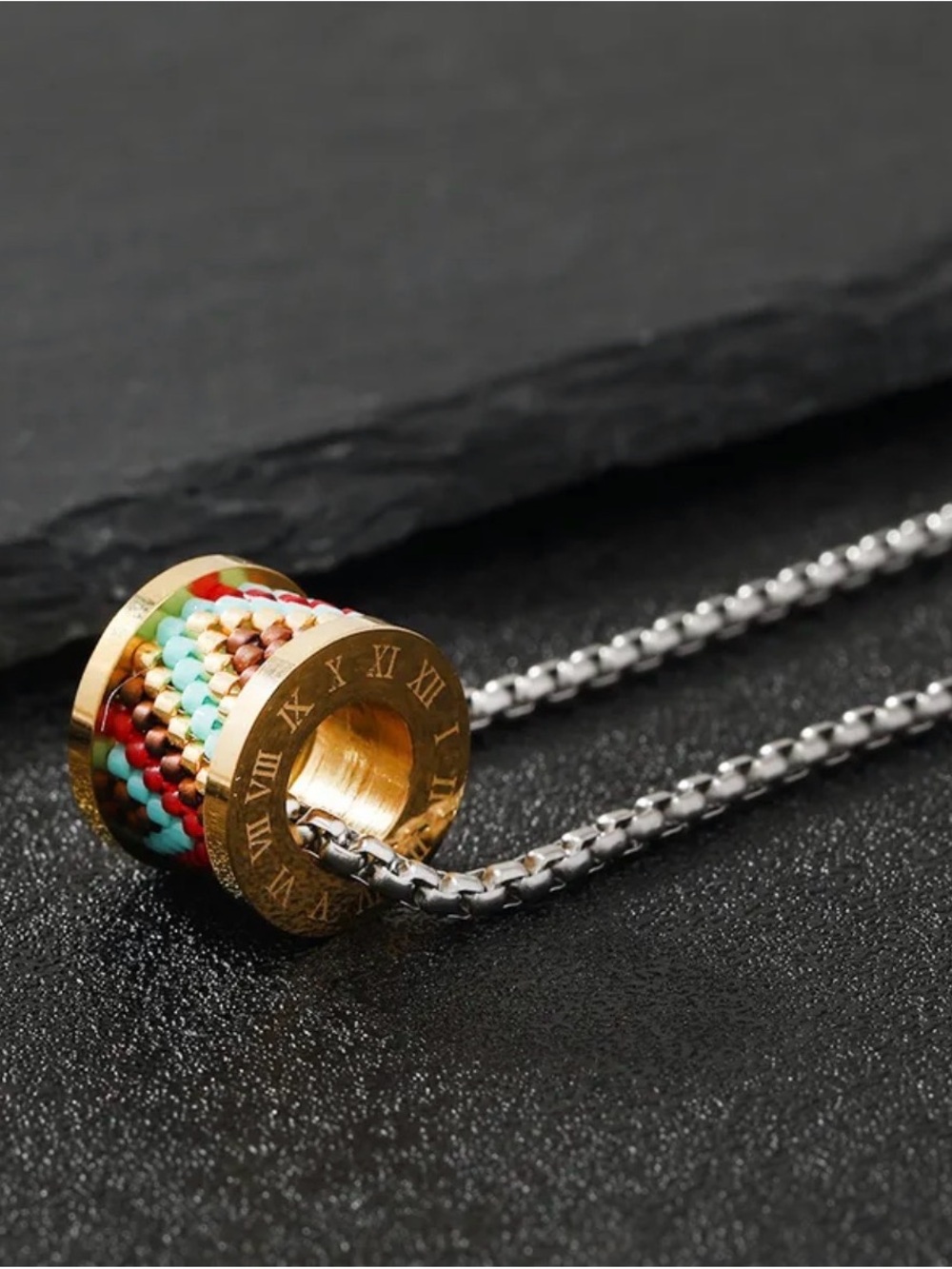 Bead Pendant Necklace with Multicolor Inlay NWT